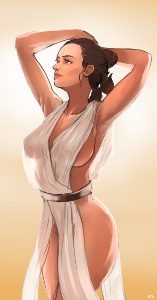 1girls, belt, breasts, brown eyes, brown hair, brunette, casual, clothed, clothing, dark hair, female, female only, hands behind head, human, large breasts, looking away, nipples visible through clothing, pale skin, plain background, revealing clothes, rey, roxyrex, see-through, see-through clothing, sideboob, solo, star wars, the force awakens, thighs, transparent clothing, white clothing
