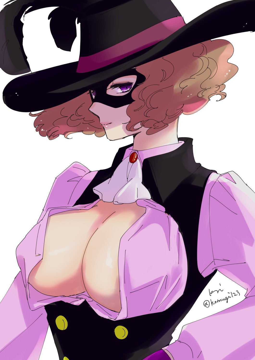 1girls, 2d, artist name, artist signature, atlus, big breasts, big nipples, breasts, domino mask, feather, female, fluffy, fluffy hair, haru okumura, hat, human, komugi123, light skin, looking at viewer, mask, masked, masked female, megami tensei, nipples visible through clothing, pale skin, persona, persona 5, phantom thief suit, purple eyes, sega, short hair, smile, solo, solo female, white background