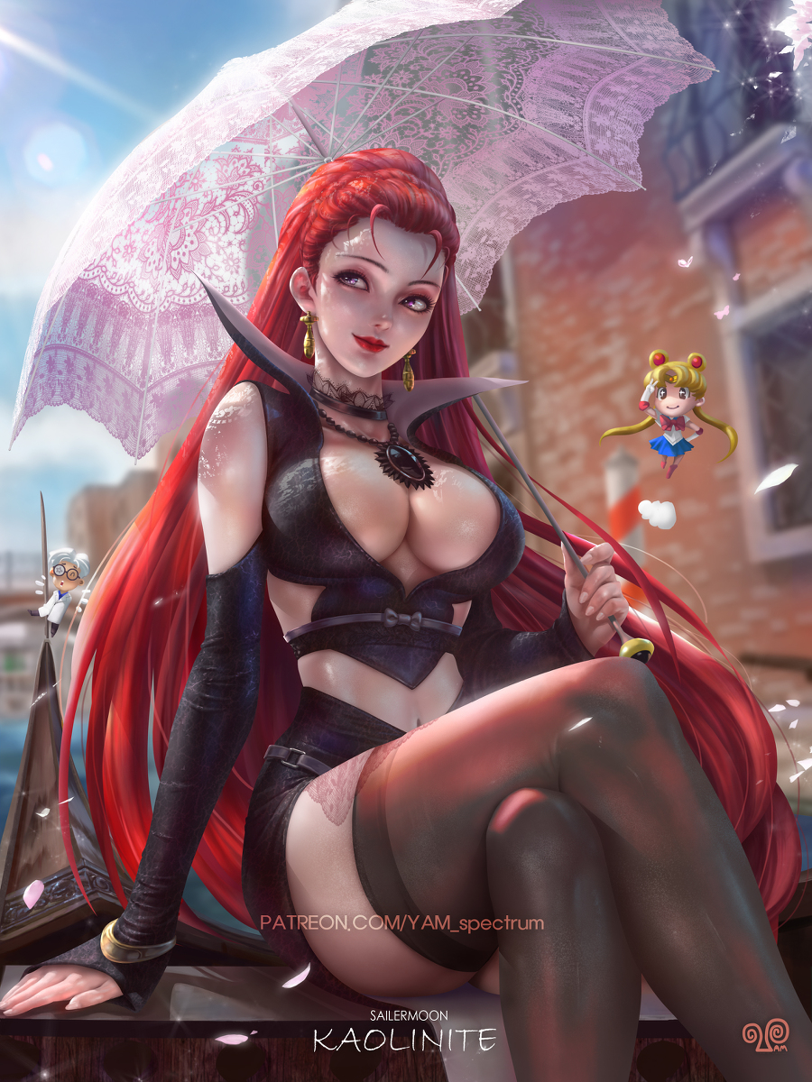 1girls bishoujo_senshi_sailor_moon breasts choker cleavage clothed clothing crossed_legs death_busters female female_only jewelry kaolinite large_breasts legs_crossed lipstick long_hair looking_away medium_breasts necklace pale-skinned_female pale_skin pinup pose purple_eyes realistic red_hair sailor_moon smile solo stockings thick_thighs thighhighs umbrella usagi_tsukino villainess wide_hips yam_spectrum