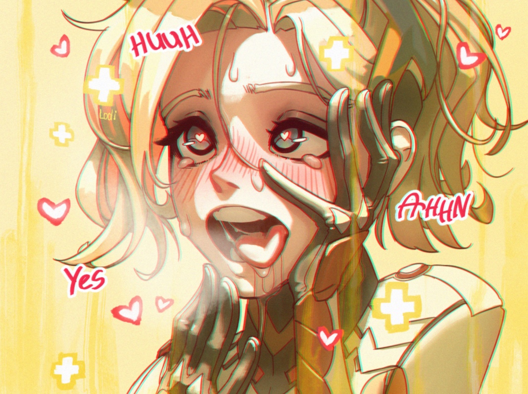 ahe gao, blonde hair, blue eyes, blush, female, heart, heart-shaped pupils, lodi18, mercy, open mouth, overwatch, saliva, saliva drip, saliva string, sweat, tears, text, tongue, tongue out