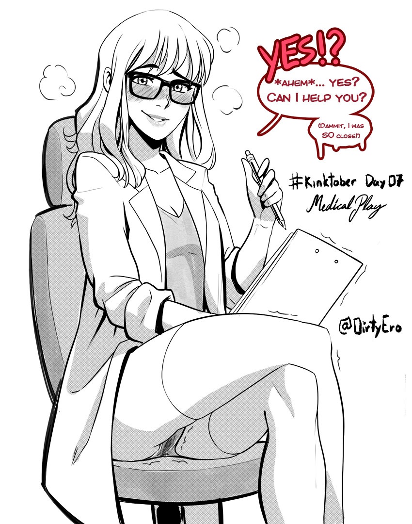 1girls black_and_white blush chair clipboard clothed dialogue dirtyero_(artist) doctor female female_only glasses horny interrupted kinktober labcoat legs_crossed lipstick long_hair looking_at_viewer monochrome page_7 panties pen pov shaking sitting smile solo speech_bubble text thighhighs thighs upskirt wet_pussy