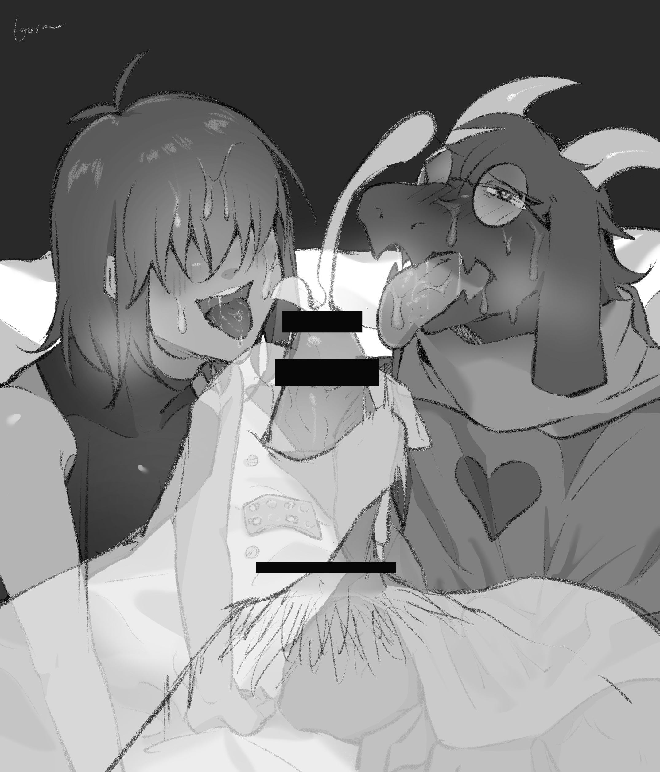 2boys, ahe gao, anon, anthro, blush, censored, deltarune, ejaculation, fellatio, femboy, gay, glasses, hair over eyes, hand on penis, jerking, kris (deltarune), male, male focus, male on femboy, male only, monochrome, monster boy, multiple subs, penis, penis grab, pov, ralsei, saliva, sweat, unknown artist, yaoi