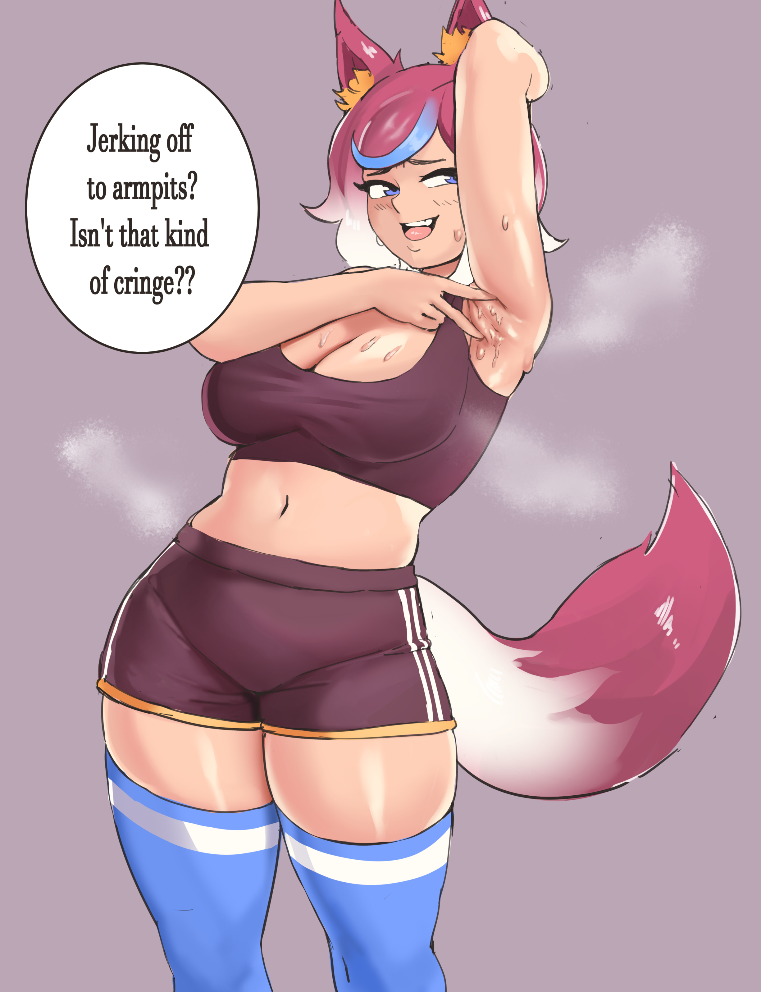 1girls, absurdres, armpit fetish, armpits, big breasts, breasts, cleavage, female, female only, fox girl, highres, large breasts, solo, speech bubble, sweat, text, yotahen