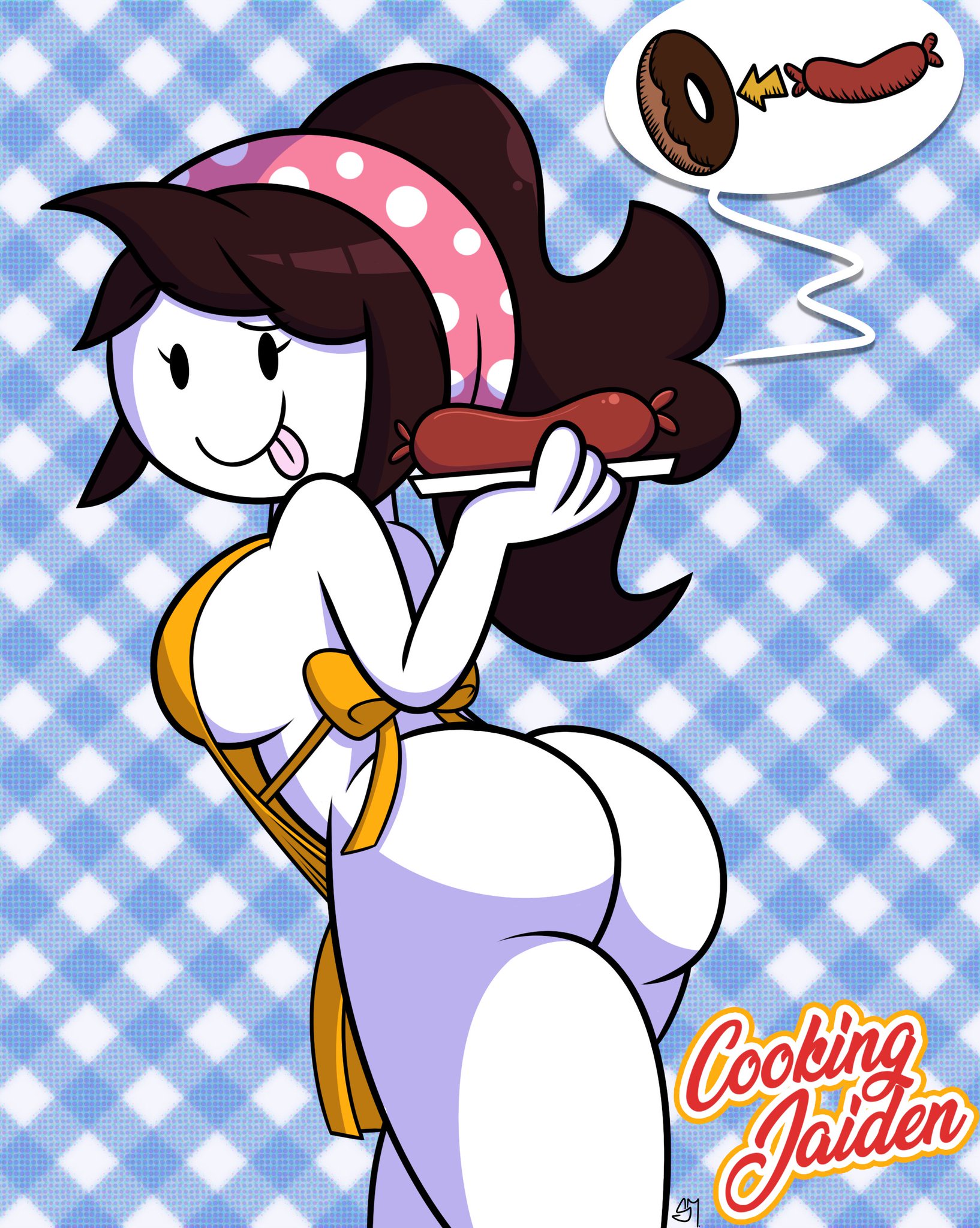 1girls, apron, apron only, ass, ass focus, big ass, big breasts, big butt, bimbo, breasts, brown hair, butt focus, casual, clothing, cooking mama, cosplay, donut, eyelashes, female, female only, food, headwear, huge ass, human, imminent anal, innuendo, jaiden, jaiden animations, jaidenanimations, light skin, light-skinned female, mob face, naked apron, outerwear, pale skin, pale-skinned female, plate, presenting, presenting hindquarters, sausage, semidraws, solo, solo female, speech bubble, text, thick ass, thighs, tongue, tongue out, white body, white skin, youtube, youtuber