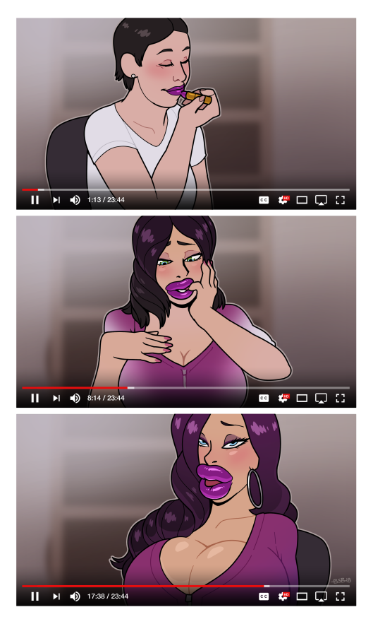 big lips, bimbo, bimbofication, blackshirtboy, breast expansion, breast growth, breast growth (enlargement), breasts, female, female only, genderswap, purple lipstick, rule 63, sequence, solo, solo female