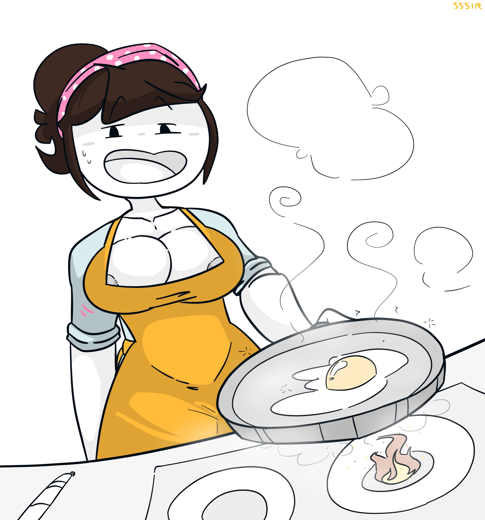1girls, apron, areola, areola slip, areolae, big breasts, breasts, brown hair, clavicle, clothing, cooking mama, cosplay, eggs, female, female only, fire, food, frying pan, headwear, human, jaiden, jaiden animations, jaidenanimations, light skin, light-skinned female, mob face, open mouth, outerwear, pale skin, pale-skinned female, simple background, slobbyslapper, smile, smiling, smoke, solo, solo female, sssir, sssir8, stove, sweat, sweatdrop, sweating, watermark, white body, white skin, youtube, youtuber