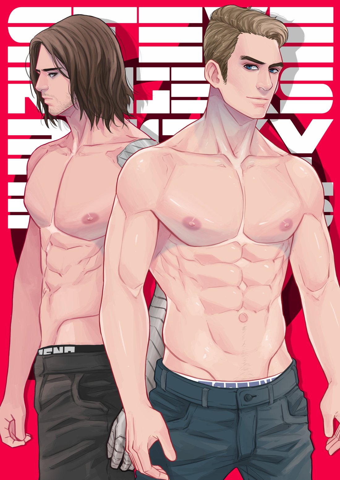 2boys bucky_barnes captain_america gay male male_only marvel steve_rogers topless winter_soldier yaoi