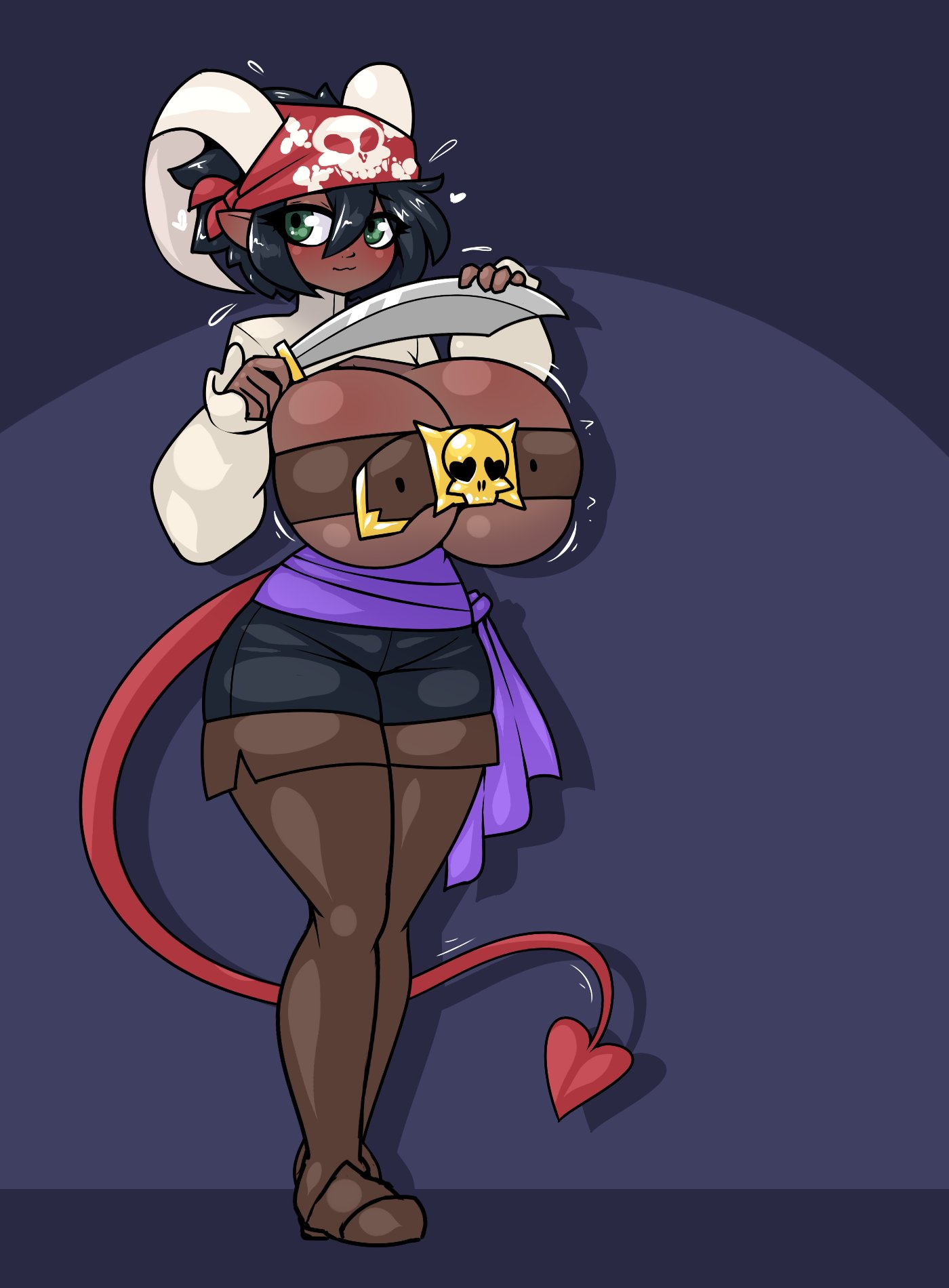 1girls, belt, big breasts, blush, breasts, cleavage, dark skin, demon tail, female, female only, full body, horn, horns, huge breasts, humanoid, keleva, large breasts, limebreaker, looking at viewer, motion lines, original, pirate, solo, standing, sweatdrop, sword, tail, weapon