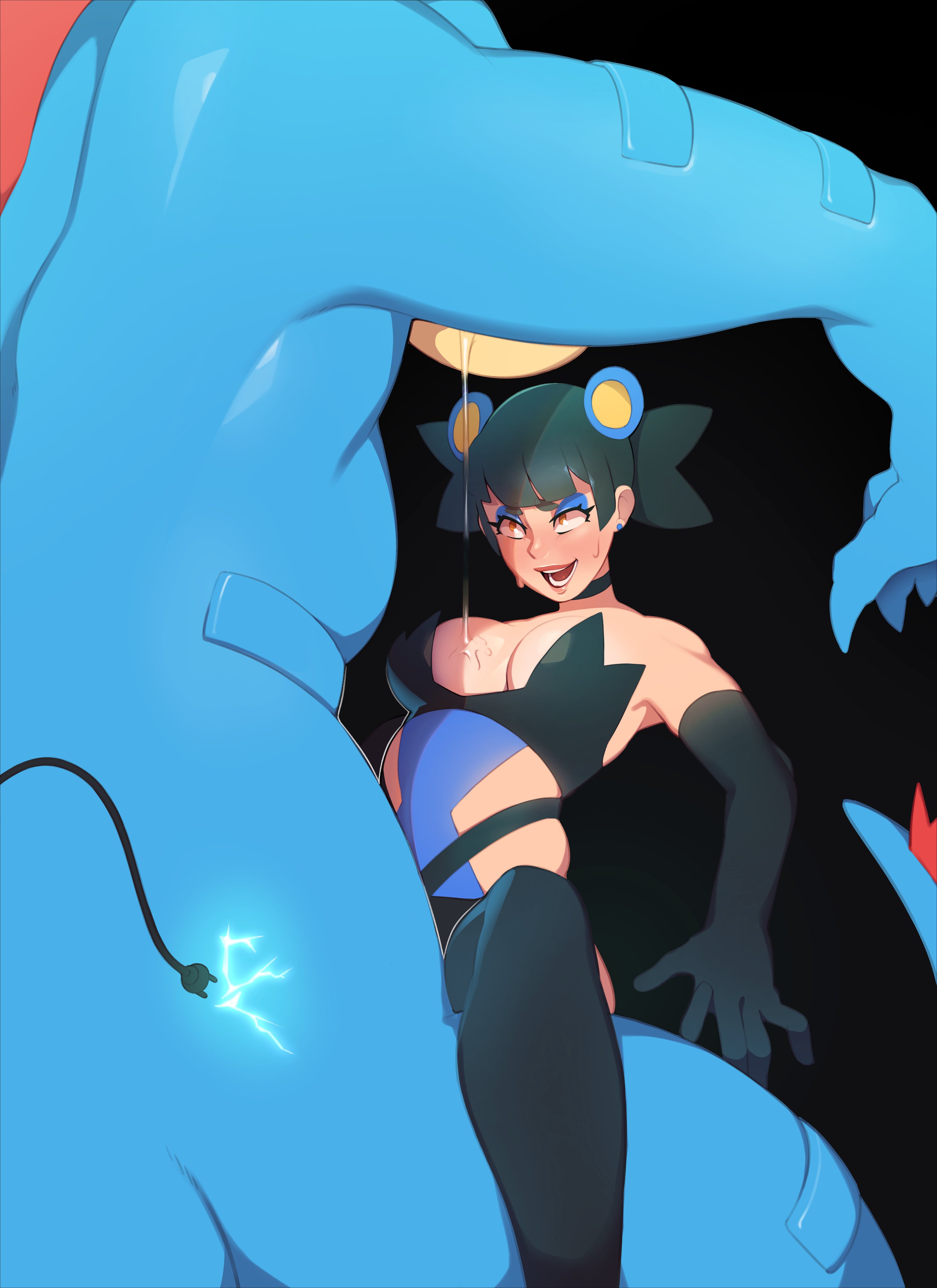 1boy, 1girls, black background, black hair, blue body, blush, breasts, combos-n-doodles, cosplay, earrings, female, feraligatr, gloves, implied sex, interspecies, luxio (cosplay), makeup, male, nintendo, orange eyes, original character, pokemon, pokemon (cosplay), pokemon gsc, pokephilia, saliva, stomach bulge, sweat, thighhighs