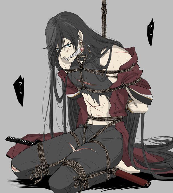 1boy arms_behind_back arms_tied bishonen black_hair bondage bound cleave_gag clothed_male frogtied gag gagged glaring izuminokami_kanesada legs_tied long_hair long_hair_male male male_only rope_bondage rope_harness scars shibari torn_clothes touken_ranbu