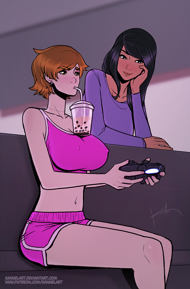 2girls blush breasts bubble_tea_challenge clothed clothed_female clothes clothing dark-skinned_female dark_skin eyelashes eyeshadow female female_only gamer kannelart multiple_girls nipple_bulge nipples_visible_through_clothing playstation_4_controller watching