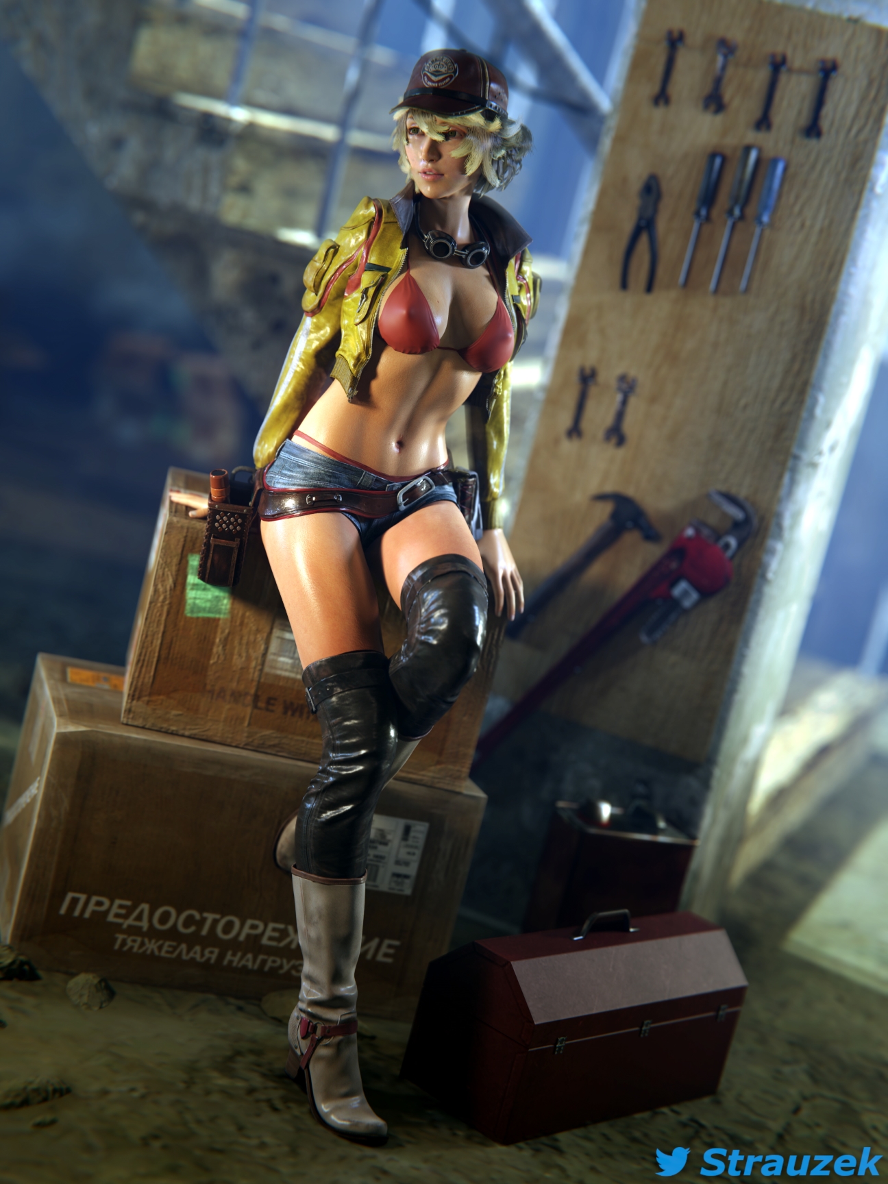 1girls, 3d, big breasts, blonde hair, breasts, busty, cindy aurum, cleavage, female, female focus, female only, final fantasy, final fantasy xv, hourglass figure, light skin, light-skinned female, pale skin, pale-skinned female, pinup, pose, posing, solo, strauzek, tagme, wide hips
