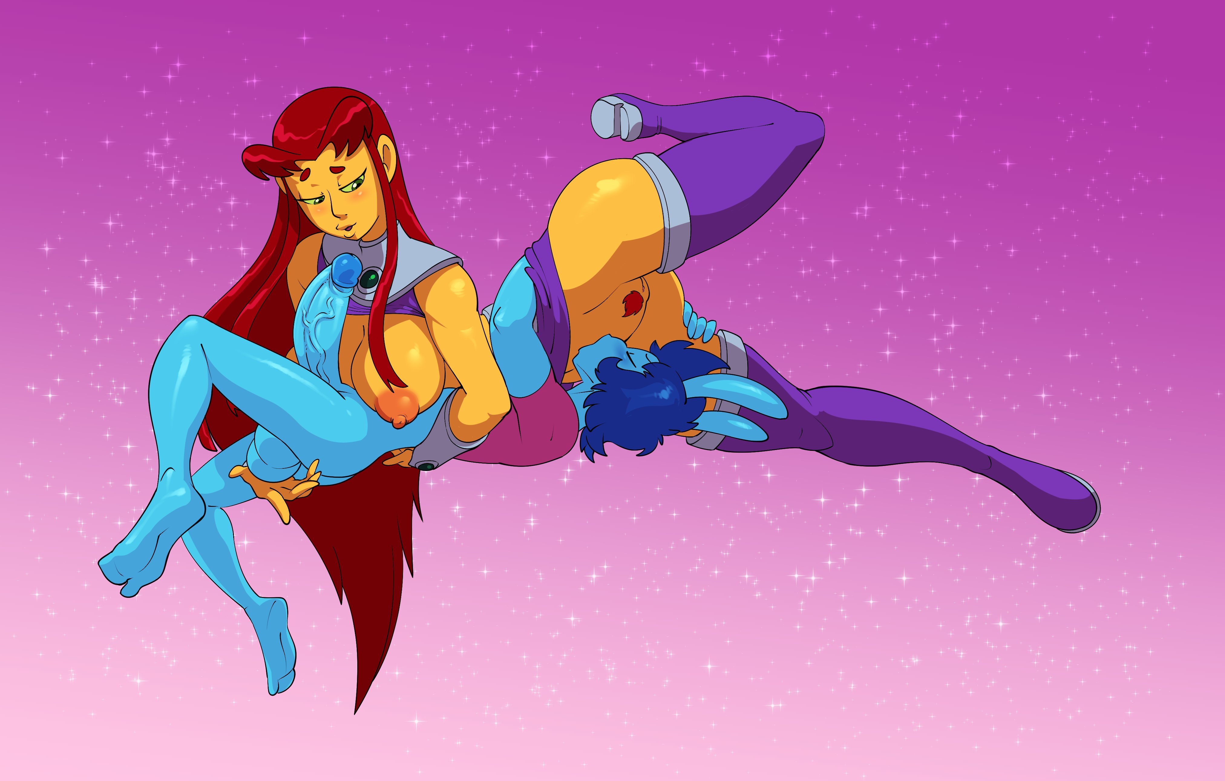 1boy, 1girls, 69, anthro, areolae, balls, big penis, blue skin, boots, breasts, breasts out, cartoon network, daredemon7000, dc, dc comics, erection, feet, female, furry, gradient background, green eyes, height difference, huge breasts, huge cock, koriand'r, larger female, male, nipples, penis, pubes, pubic hair, red hair, relle, sex, simple background, size difference, skirt lift, smaller male, star background, starfire, taller female, teen titans