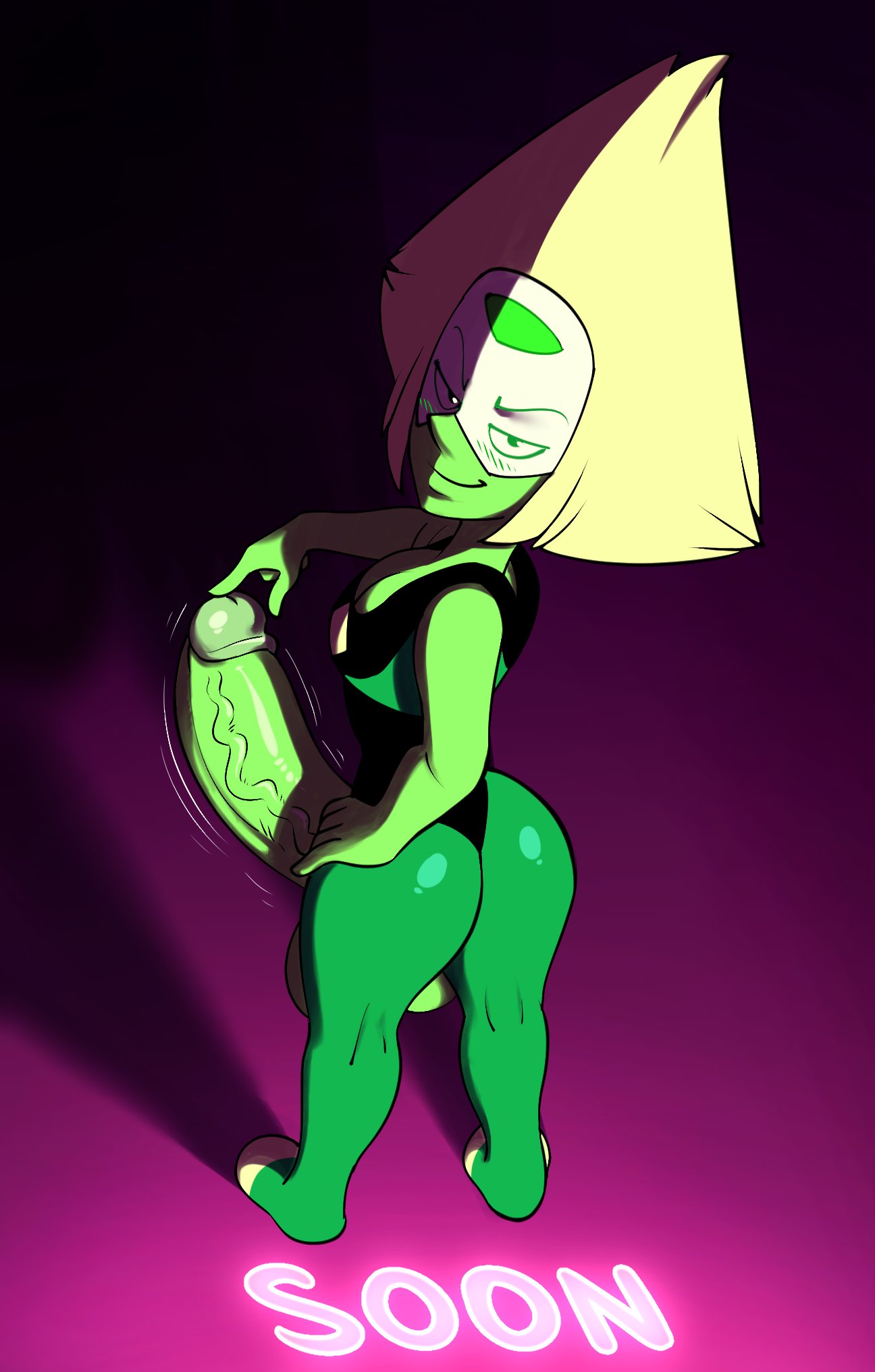 1futa, balls, big balls, blonde hair, cartoon network, daredemon7000, erection, from behind, futa only, futanari, goggles, huge cock, intersex, inviting, looking at viewer, penis, peridot (steven universe), pose, shadow, shortstack, skin tight, small but hung, smaller futa, smile, smirk, solo, solo futa, standing, steven universe, text, throbbing, touching penis, trembling, visor