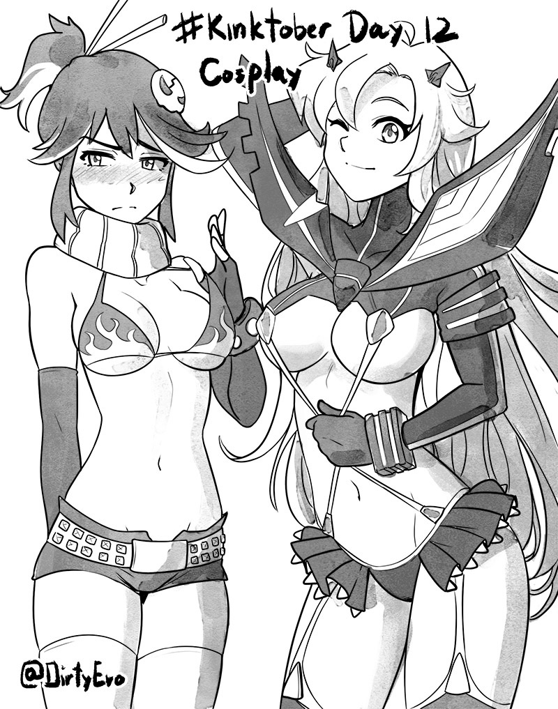 2girls artist_name bikini_top black_and_white blush breasts cleavage clothed clothing_swap cosplay crossover dirtyero_(artist) embarrassed female female_only fingerless_gloves garter_straps kamui_(kill_la_kill) kill_la_kill kinktober long_hair looking_at_viewer looking_away matoi_ryuuko matoi_ryuuko_(cosplay) midriff monochrome mostly_nude navel one_eye_closed outfit_swap page_12 ponytail revealing_clothes scarf senketsu senketsu_(cosplay) short_shorts skimpy skimpy_clothes smile tengen_toppa_gurren_lagann thighhighs underboob white_background wink yoko_littner yoko_littner_(cosplay) zettai_ryouiki