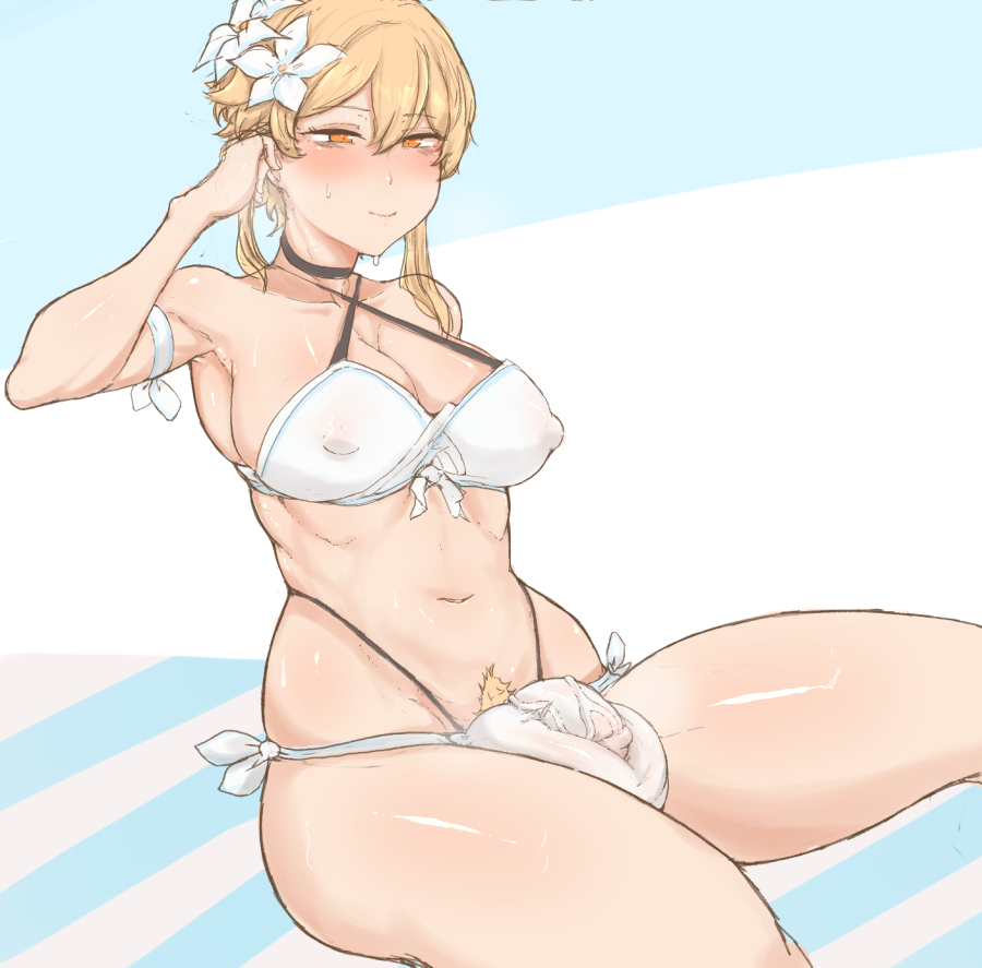 1futa, armpits, balls, balls squish, big balls, big breasts, bikini, blonde hair, blush, breasts, bulge, clothed, clothing, flower in hair, futa only, futanari, genshin impact, hair ornament, human, intersex, large balls, large testicles, light skin, light-skinned futa, lumine (genshin impact), masso nullbuilt, mostly nude, nipple bulge, pale skin, penis, penis bulge, sitting, solo, testicles, thick thighs, thighs