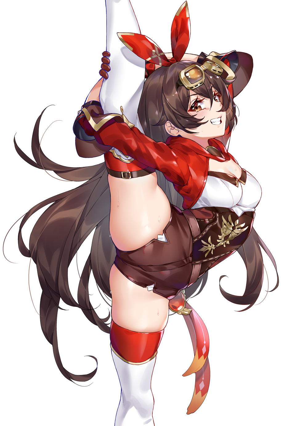 1girls, amber (genshin impact), artist request, boots, breasts, brown hair, female, female only, flexible, genshin impact, hi res, leg lift, leg up, legs up, meme, shorts, small breasts, smile, splits, standing, sweat, thick thighs, vertical splits, yellow eyes