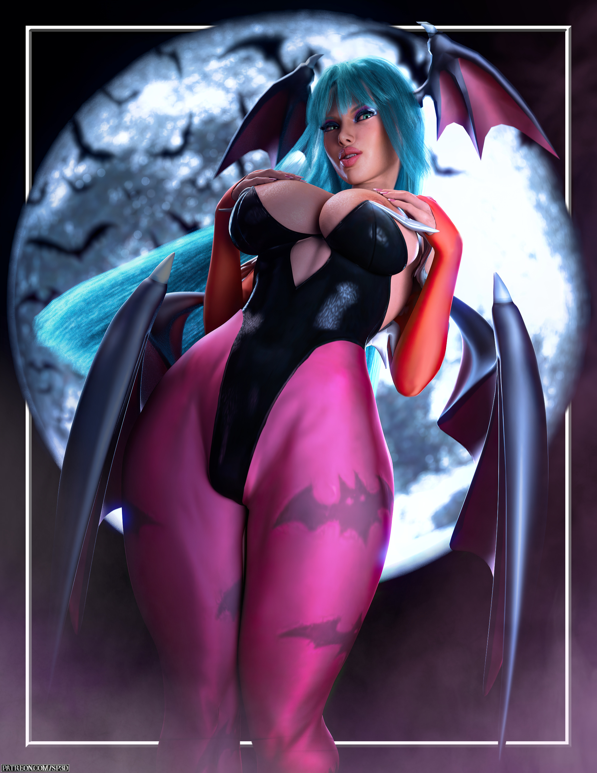 1girls, 3d, big breasts, breasts, cleavage, clothing, darkstalkers, demon, female, female only, large breasts, medium breasts, morrigan aensland, solo, squarepeg3d, succubus, thick thighs, wide hips