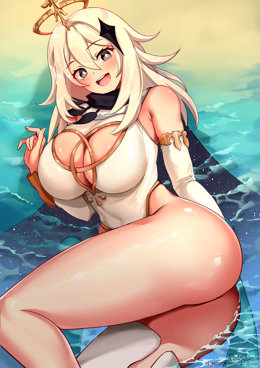 1girls, aged up, alternate breast size, alternate version available, anime style, ass, big ass, big breasts, bikini, blush, breasts, cleavage, cleavage cutout, curvy figure, eye contact, female, female only, foxy rain (foxyreine), foxyrain (foxyreine), foxyreine, genshin impact, grey eyes, large breasts, light-skinned female, long hair, looking at viewer, one-piece swimsuit, paimon (genshin impact), shiny skin, solo, swimsuit, thick ass, thick thighs, thighs, white hair