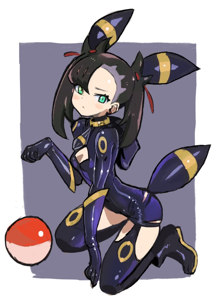 1girls animal_ears black_hair black_theme boots cosplay cosplay_umbreon game_freak gloves latex latex_boots latex_gloves latex_outfit marnie_(pokemon) nintendo paw_pose pokemon pokemon_(cosplay) pokemon_ss solo solo_female tail umbreon umbreon_(cosplay) white_background