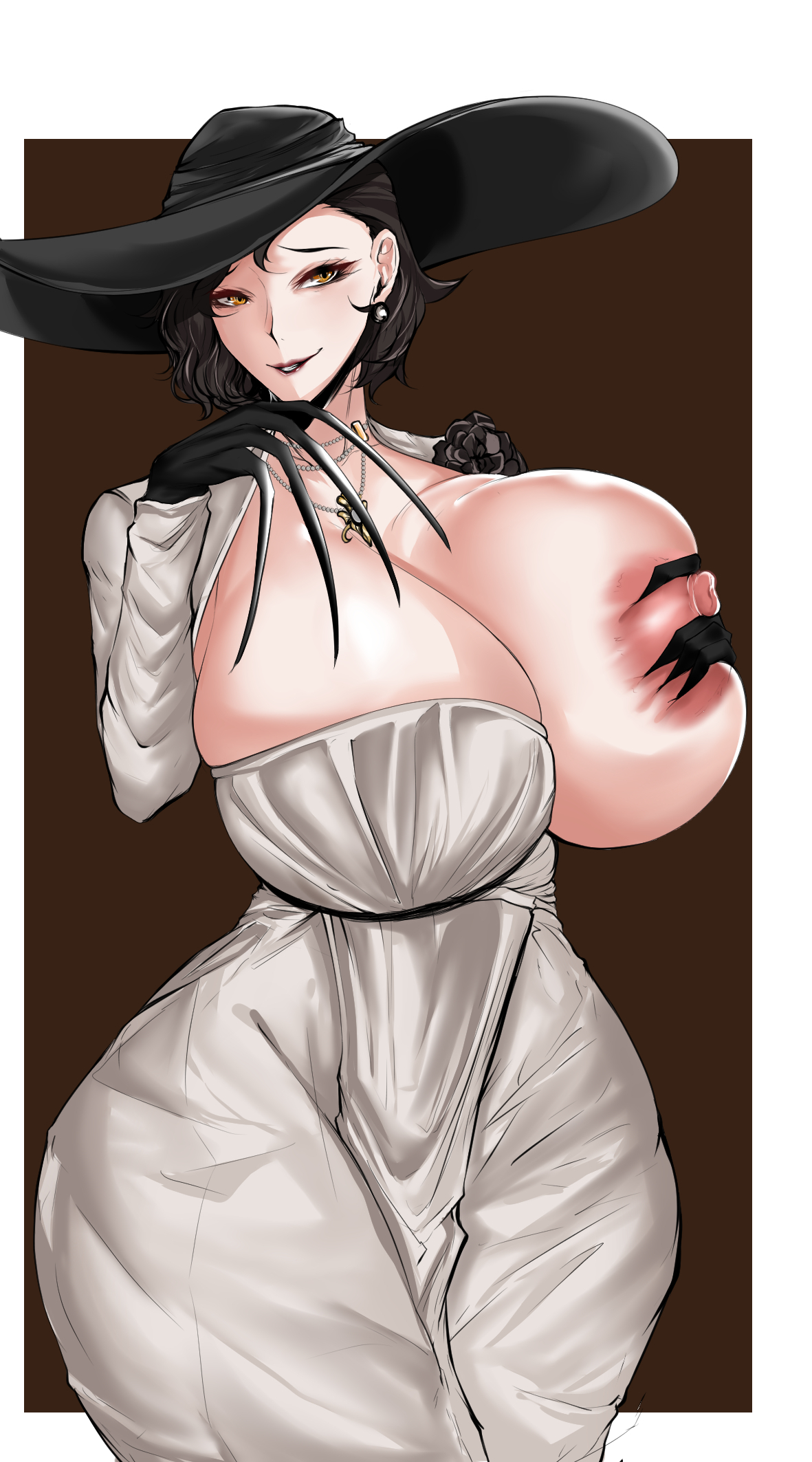 1girls, 2021, alcina dimitrescu, alternate version available, areola, big breasts, big hat, breast grab, breast out, breast outside, breast squeeze, breast squish, breasts, brown background, cleavage, clothed, clothed female, clothing, dress, female, female focus, female only, hat, huge breasts, looking away, mature, mature female, nipples, owner (artist), resident evil, resident evil 8: village, simple background, solo, solo female, solo focus, standing, white dress
