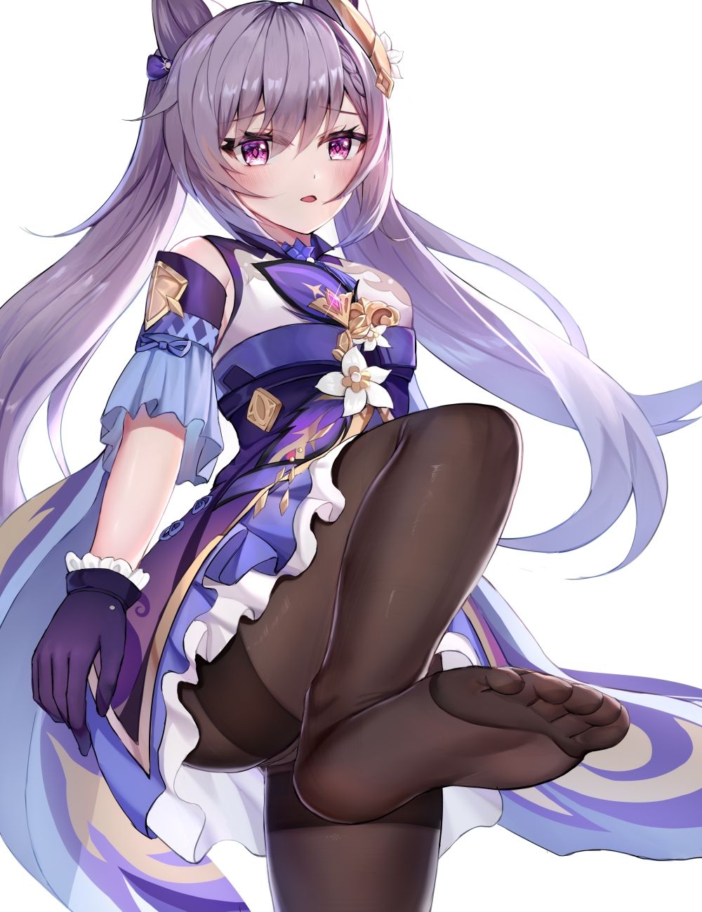 black legwear, black pantyhose, feet, female, foot focus, footwear, genshin impact, handwear, keqing (genshin impact), legwear, linz (linzimmm), pantyhose, twintails