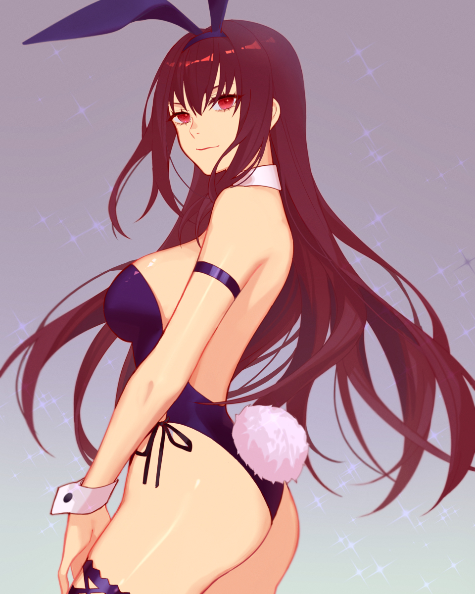 bunny ears, bunny tail, bunnysuit, detached collar, detached sleeves, fate (series), fate/grand order, female, female only, jesse (pixiv34586727), jesse jk707, purple hair, red eyes, red hair, scathach (fate), scathach (piercing bunny)