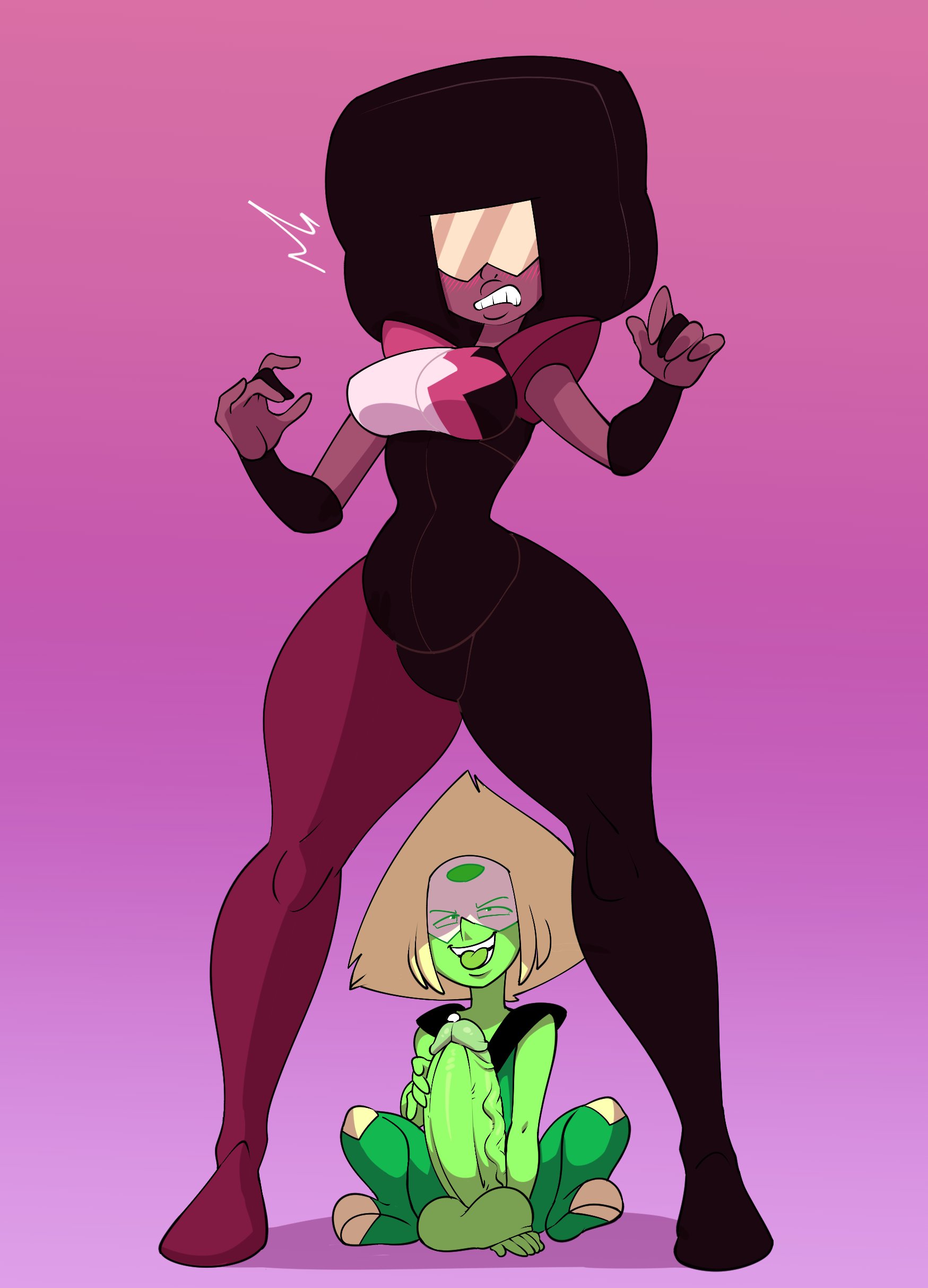 1futa, 1girls, balls, big penis, blonde hair, breasts, child bearing hips, clenched teeth, clothed, daredemon7000, erection, exposed penis, female, futanari, garnet (steven universe), gem (species), gem fusion, gradient background, green skin, imminent sex, implied sex, intersex, medium breasts, nervous, penis, peridot (steven universe), precum, rape face, sitting, size difference, skin tight, smile, standing, steven universe, surprised, tongue, tongue out, visor, wide hips