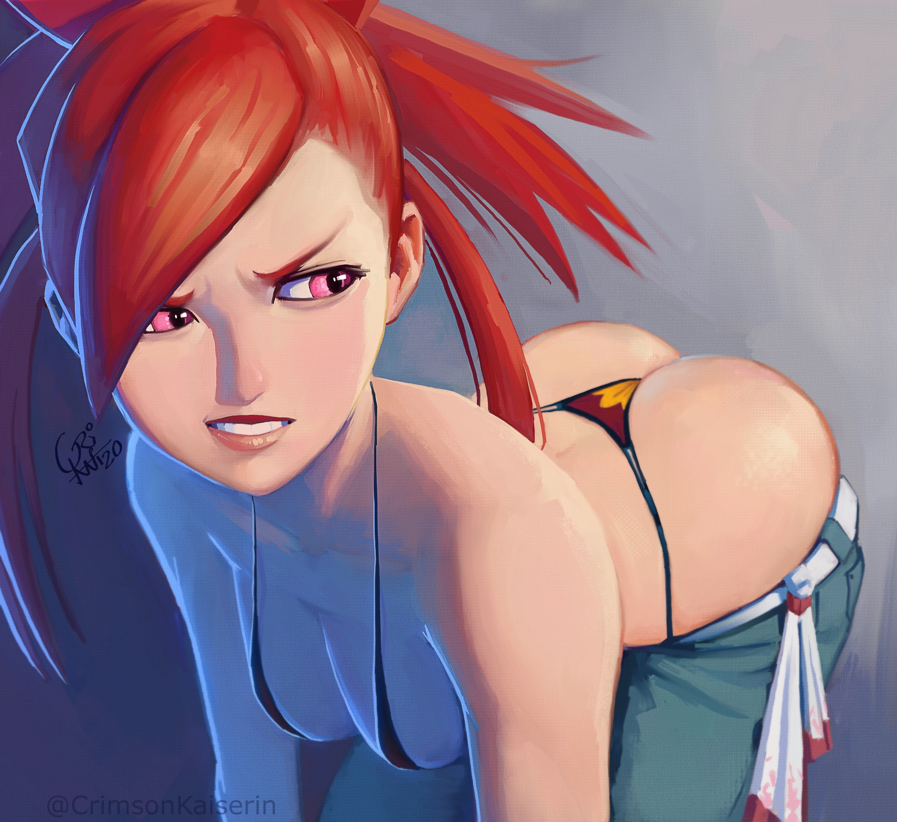 1girls, ass, bare shoulders, bent forward, bent over, big ass, bikini, bikini top, breasts, cleavage, clenched teeth, crimson kaiserin, denim, female, flannery (pokemon oras), flannery (pokemon), furrowed eyebrows, g-string, grimace, hair up, hanging breasts, jeans, leaning forward, looking back, narrow waist, nintendo, pale skin, pants down, pants pulled down, pink eyes, pokemon, pokemon rse, red eyebrows, red eyes, red g-string, red hair, round ass, small breasts, string bikini, string panties, thong