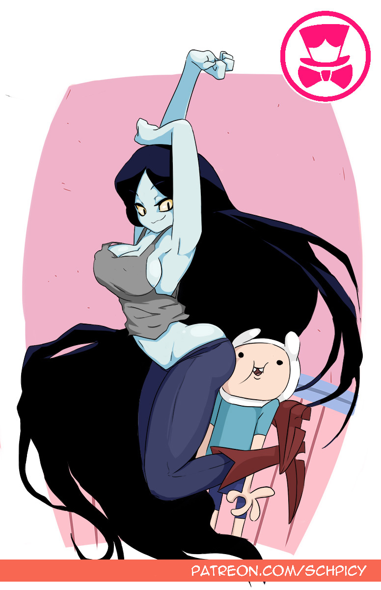 :d, 1boy, 1girls, adventure time, arm over head, armpits, ass, ass in face, belly, belly button, big ass, black, black hair, boots, breasts, bubble ass, bubble butt, cartoon network, cute, female, finn the human, floating, hair, levitation, long hair, male, marceline, midriff, overflowing ass, pants, schpicy, sideboob, thin waist, vampire, very long hair