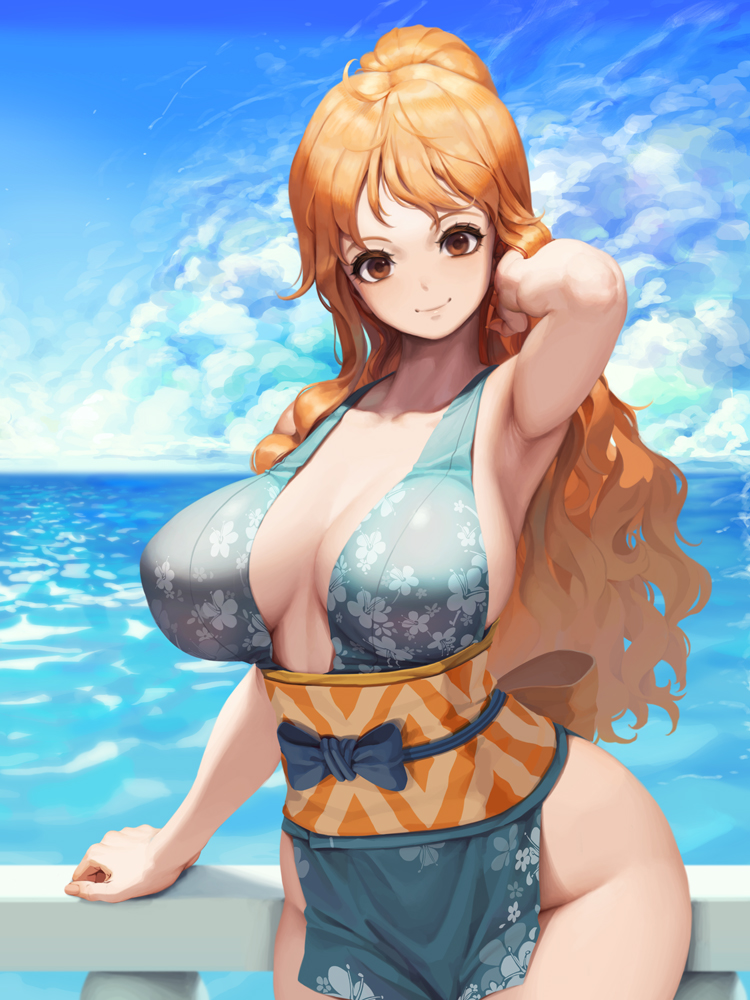 1girls, alternate breast size, arm up, armpits, beach, big breasts, breasts, clothed, day, female, female focus, female only, hourglass figure, huge breasts, human, human female, kimono, kunoichi, large breasts, letdie1414, light-skinned female, long hair, looking at viewer, nami (one piece), ocean, onami, one piece, orange eyes, orange hair, orange-haired female, outdoors, pelvic curtain, ponytail, post-timeskip, railing, sash, slim waist, smile, solo, sweat, sweatdrop, wano country, water, wide hips