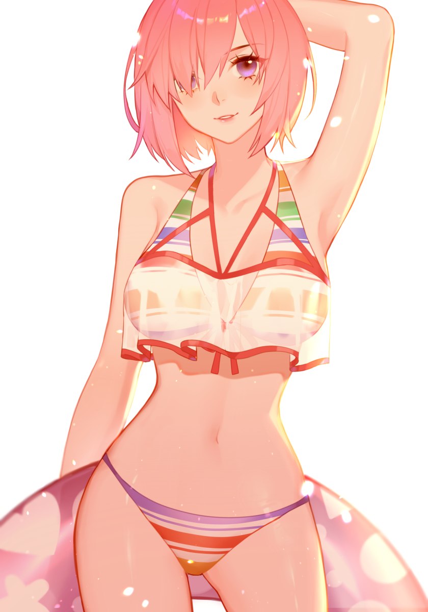 1girls, bikini, fate (series), fate/grand order, female, female focus, female only, hair over one eye, hand behind head, highres, jesse (pixiv34586727), jesse jk707, looking at viewer, mash kyrielight, mash kyrielight (swimsuit of perpetual summer ver.02), multicolored bikini, multicolored swimsuit, parted lips, pink hair, purple eyes, see-through, short hair, smile, striped bikini, swimsuit, swimsuit of perpetual summer