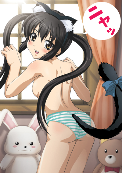 animal_ears ass azusa_nakano_(k-on!) black_hair brown_eyes bunny cat_ears cat_pose cat_tail female female_only human human_only k-on! long_hair looking_back nyan panties paw_pose solo striped striped_panties stuffed_animal stuffed_toy tail teddy_bear tied_hair topless twintails underwear underwear_only uninigumi