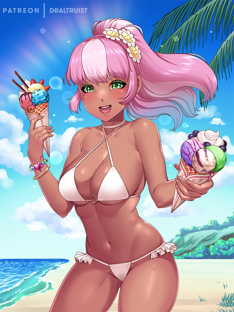 1girls beach belly bikini bracelet cheerilee_(mlp) cleavage dark-skinned_female draltruist female flowers_in_hair friendship_is_magic green_eyes humanized ice_cream ice_cream_cone large_breasts lavender_hair looking_at_viewer multicolored_hair my_little_pony navel palmtree pink_hair smile sweat