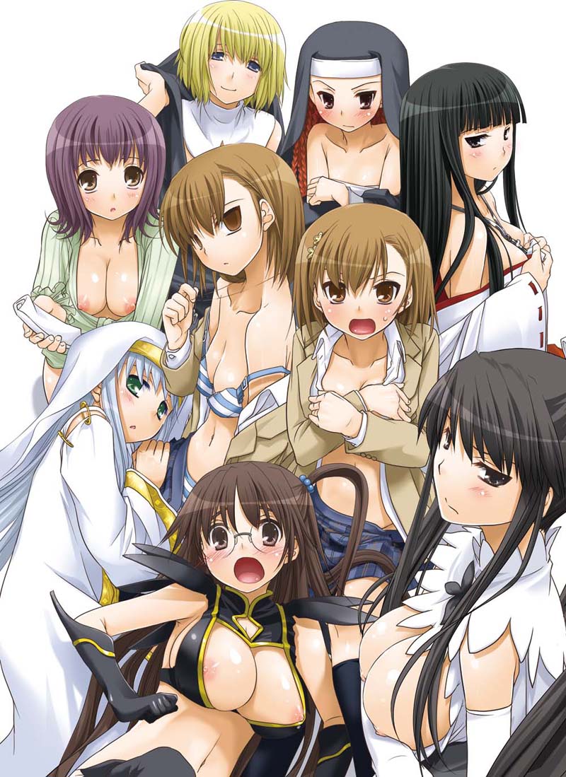 9girls agnese_sanctis aisa_himegami bangs blunt_bangs blush bra breast_hold breasts brown_hair covering covering_breasts everyone female female_only glasses hime_cut himegami_aisa human index itsuwa japanese_clothes jpeg_artifacts kanzaki_kaori kaori_kanzaki kazakiri_hyouka large_breasts lingerie long_hair miko misaka_imouto misaka_mikoto multiple_females multiple_girls nakajima_yuka nipple_slip nipples nun orsola_aquinas to_aru_kagaku_no_railgun to_aru_majutsu_no_index underwear undressing