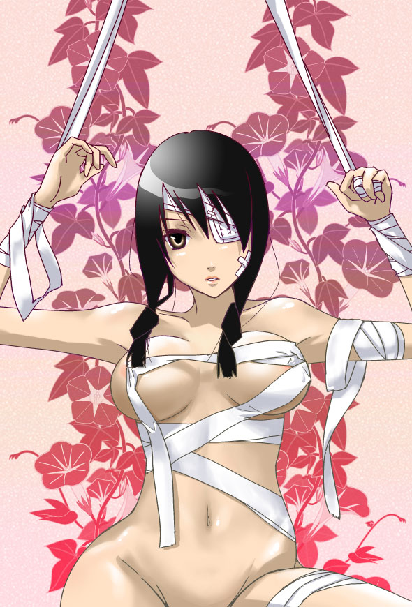 1girls arms_up bandage bandages black_hair bondage braid breasts eye_patch female flower kobushi_abiru large_breasts lipstick makeup mound_of_venus naked_bandage navel nude outstretched_arms sakebuotoko sayonara_zetsubou_sensei sitting solo spread_arms twin_braids yellow_eyes