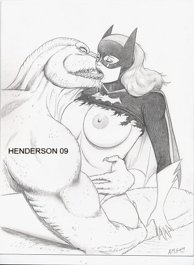 2009 anthro barbara_gordon batgirl batman:_the_animated_series batman_(series) dc_comics dcau female henderson human interspecies killer_croc lizardman male monochrome nipples scalie straight the_new_batman_adventures