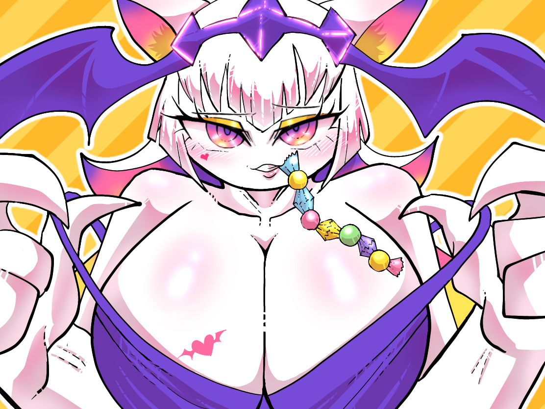 bra pull, breasts, cleavage, crown, female, friday night funkin, huge breasts, jewelry, looking at viewer, monpopo358, nikusa (sugarratio), shapeshifter, smile, wings