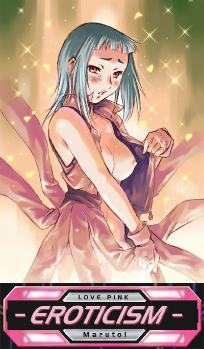 blue_hair blush breasts clothing fingerless_gloves gloves large_breasts mai-hime mai_hime maruto maruto! miyu_greer my-hime nipples no_bra open_clothes open_shirt pink_eyes red_eyes shirt short_hair small_breasts undressing