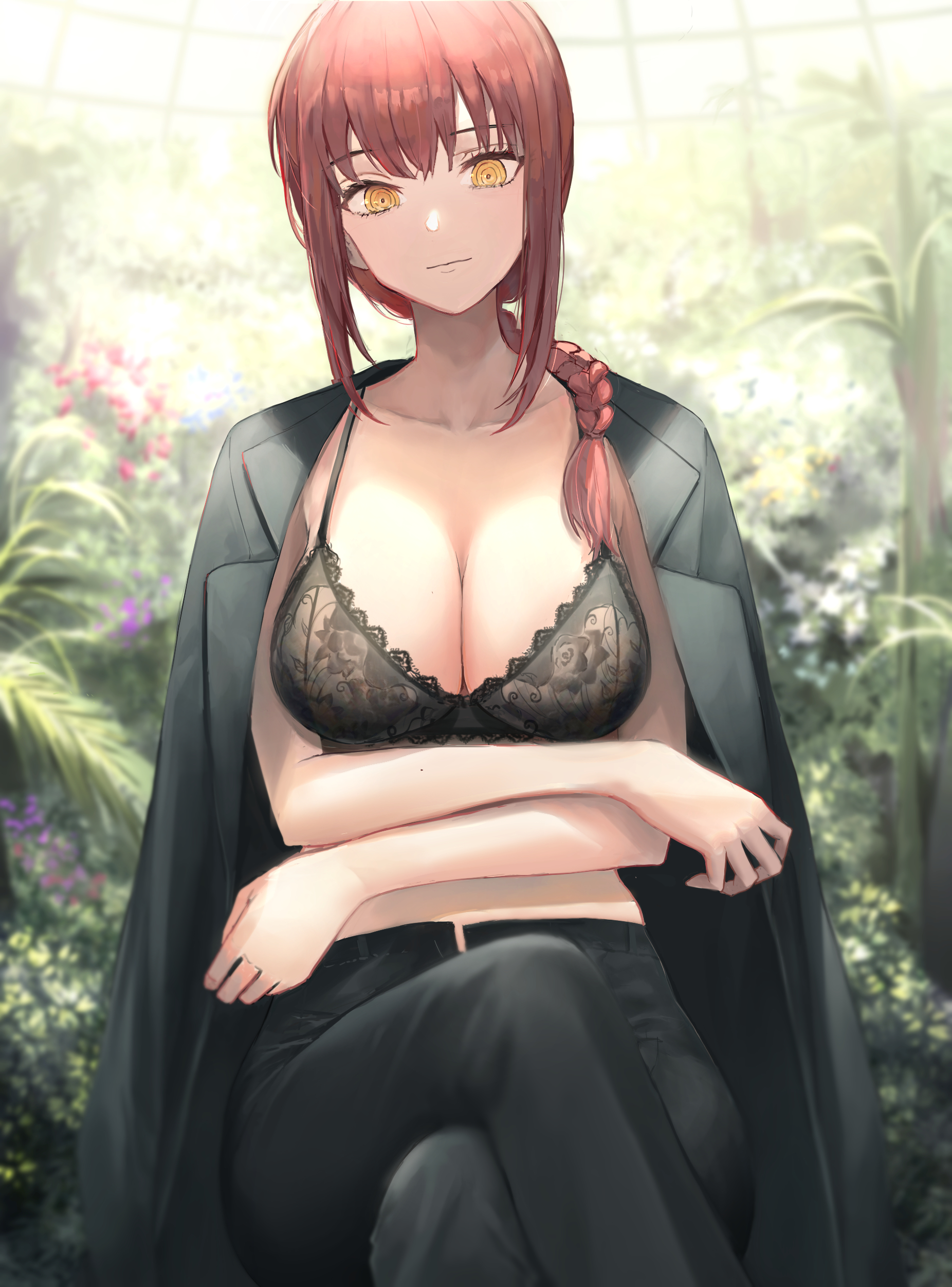 1girls, big breasts, bra, braid, braided ponytail, breasts, chainsaw man, female, makima (chainsaw man), nipples, pigonhae, red hair, red-haired female, shounen jump, solo, solo female, yellow eyes