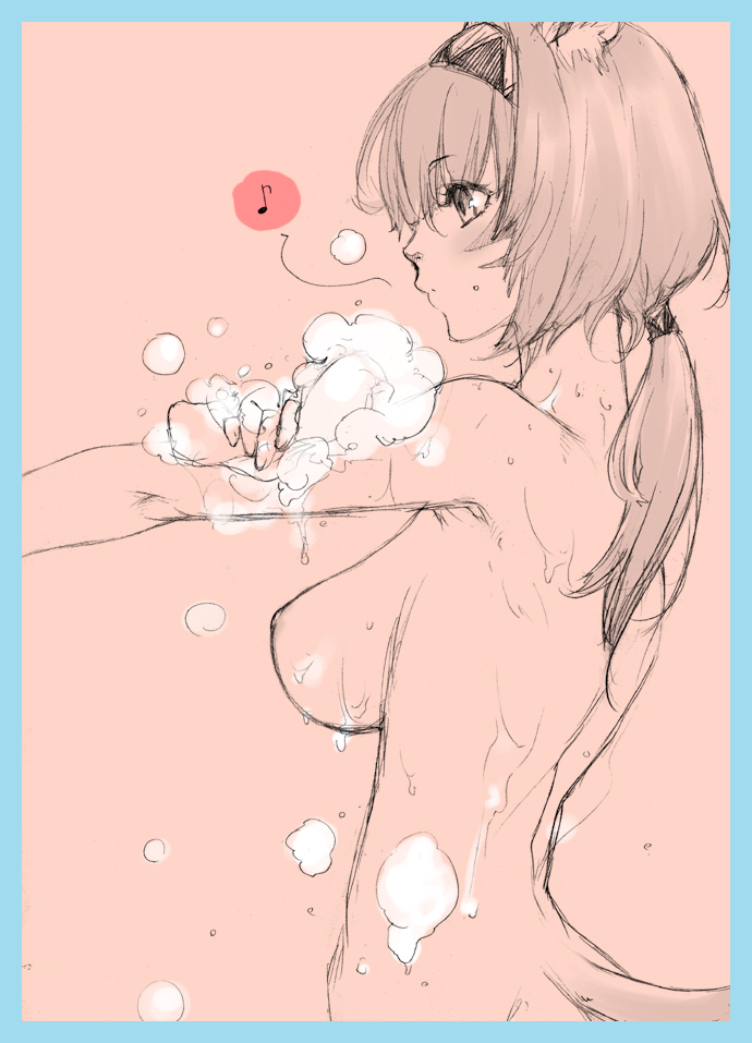 animal_ears back bathing breasts cat_ears final_fantasy final_fantasy_xi hairband mithra monochrome nipples nude ponytail short_hair shower sketch soap suds tachibana_chacha tachibana_chata tail tied_hair wet whistling