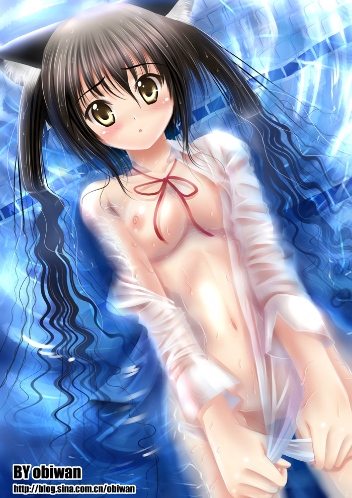 :o animal_ears azusa_nakano_(k-on!) black_hair blush bottomless breasts cat_ears female floating human human_only k-on! navel nipples no_bra no_panties obiwan open_clothes open_shirt partially_submerged see-through shirt solo tied_hair twintails water wet white_shirt yellow_eyes