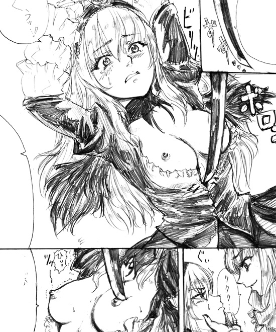 blush bondage breasts doujinshi monochrome nipples osakana_(denpa_yun'yun) rozen_maiden suigintou sword tearing_clothes tears torn_clothes weapon wings