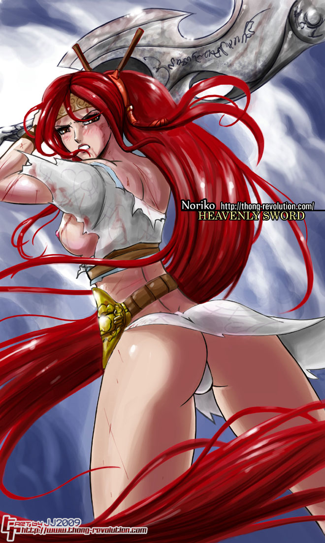 1girls ass blood breasts dat_ass female hair_ornament heavenly_sword john_joseco nariko nipples panties ponytail red_eyes red_hair solo standing sword tied_hair very_long_hair weapon