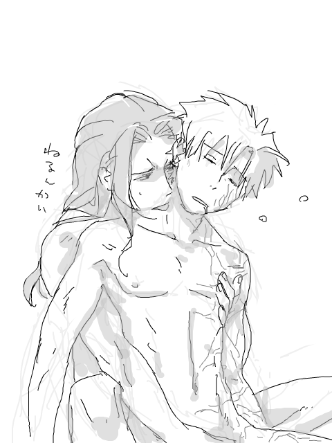 fate/zero fate_(series) hugging_from_behind lancelot_(fate) licking male_only matou_kariya monochrome naked nude sleeping white_background yaoi