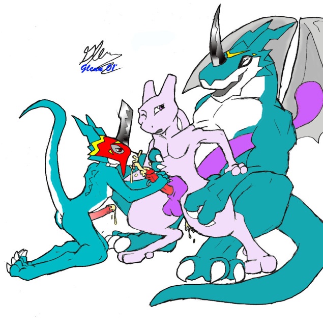 2001 crossover digimon exveemon flamedramon glenn male_only mewtwo pokemon pokemon_(species)