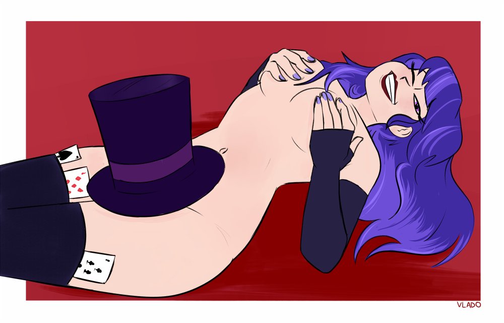 1girls, covered nipples, covering pussy, dc, dc comics, dc super hero girls, female, female only, fingerless gloves, nude, pussy, smile, stockings, straight hair, top hat, vlado, zatanna, zee zatara