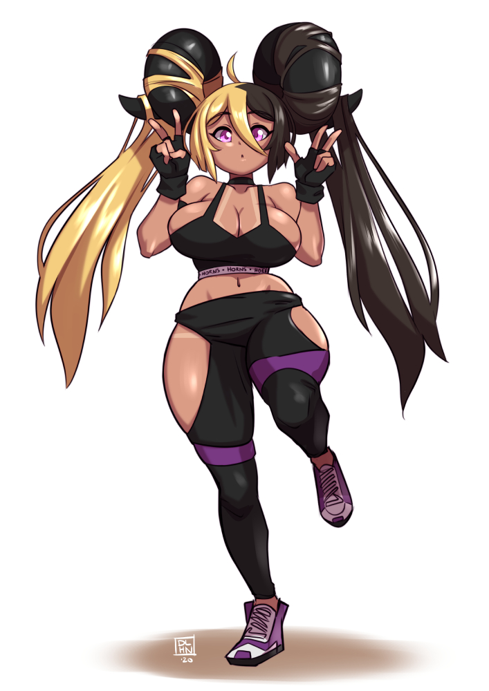 1girls ahoge aife_(zanamaoria) black_hair blonde_hair choker cleavage curved_horns dalehan double_peace_sign double_v female female_only fingerless_gloves hair_on_horn horns long_hair looking_at_viewer pants peace_sign pink_eyes shoes sideboob solo solo_female succubus tan_skin tank_top tanline thick_thighs two_tone_hair v white_background