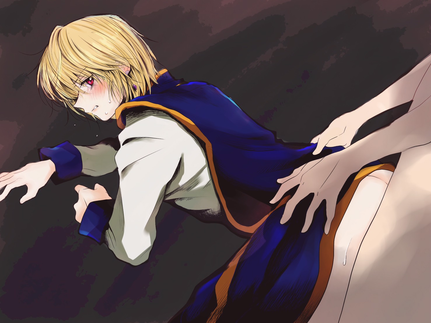 2boys, anal, anal sex, bent over, blonde hair, blush, clothed male nude male, hunter x hunter, kurapika, male, male/male, penetration, red eyes, simple background, yaoi