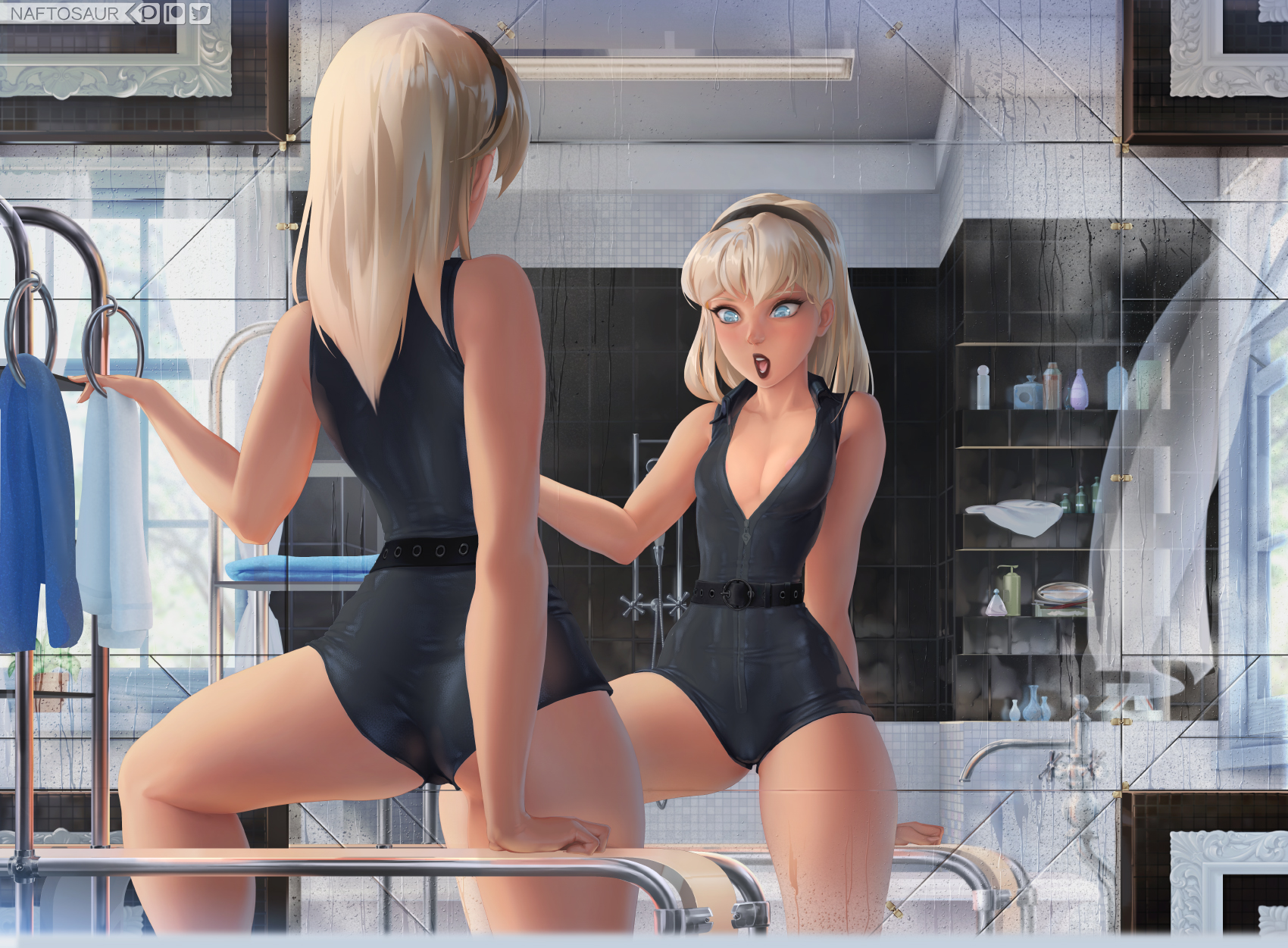 ass, belt, black lipstick, blue eyes, breasts, cameltoe, cleavage, clothed, dc, dc comics, female, hairband, kara danvers, kara zor-el, lipstick, mirror, mirror image, naftosaur, platinum blonde hair, pussy, reflection, sleeveless, small breasts, supergirl, superman (series), unitard